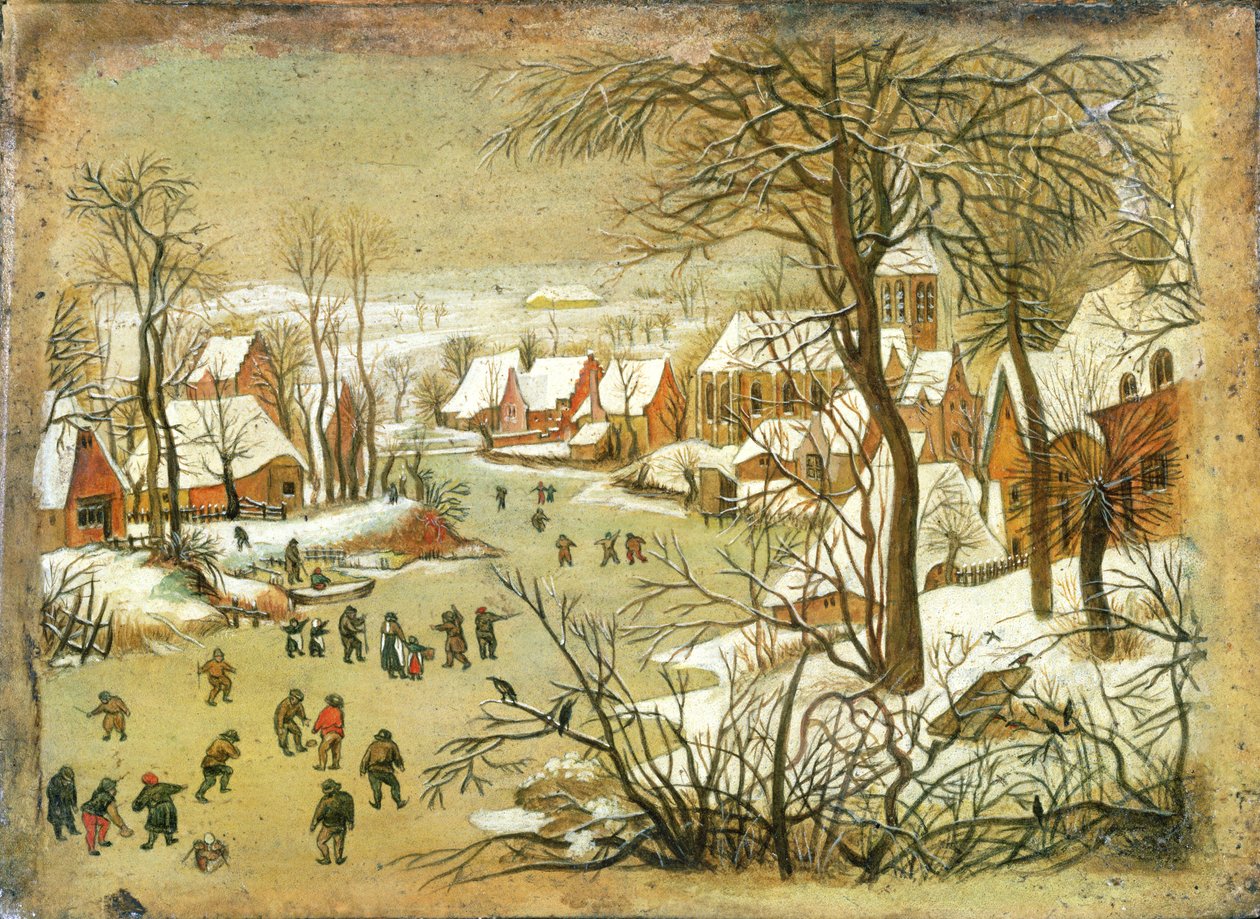 Winterlandschaft mit Figuren auf einem zugefrorenen Fluss von Pieter Bruegel the Elder