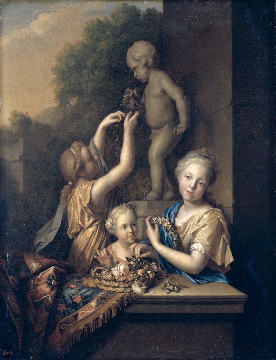 Drei Mädchen opfern Amor Blumen, 1710 von Pieter van der Werff