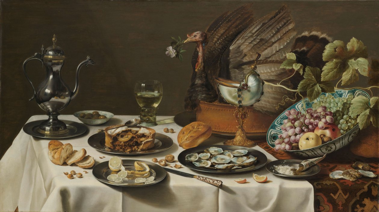 Stillleben mit einem Truthahnkuchen von Pieter Claesz