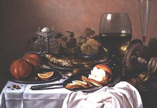 Stillleben mit Makrele, Kürbis und Brot von Pieter Claesz