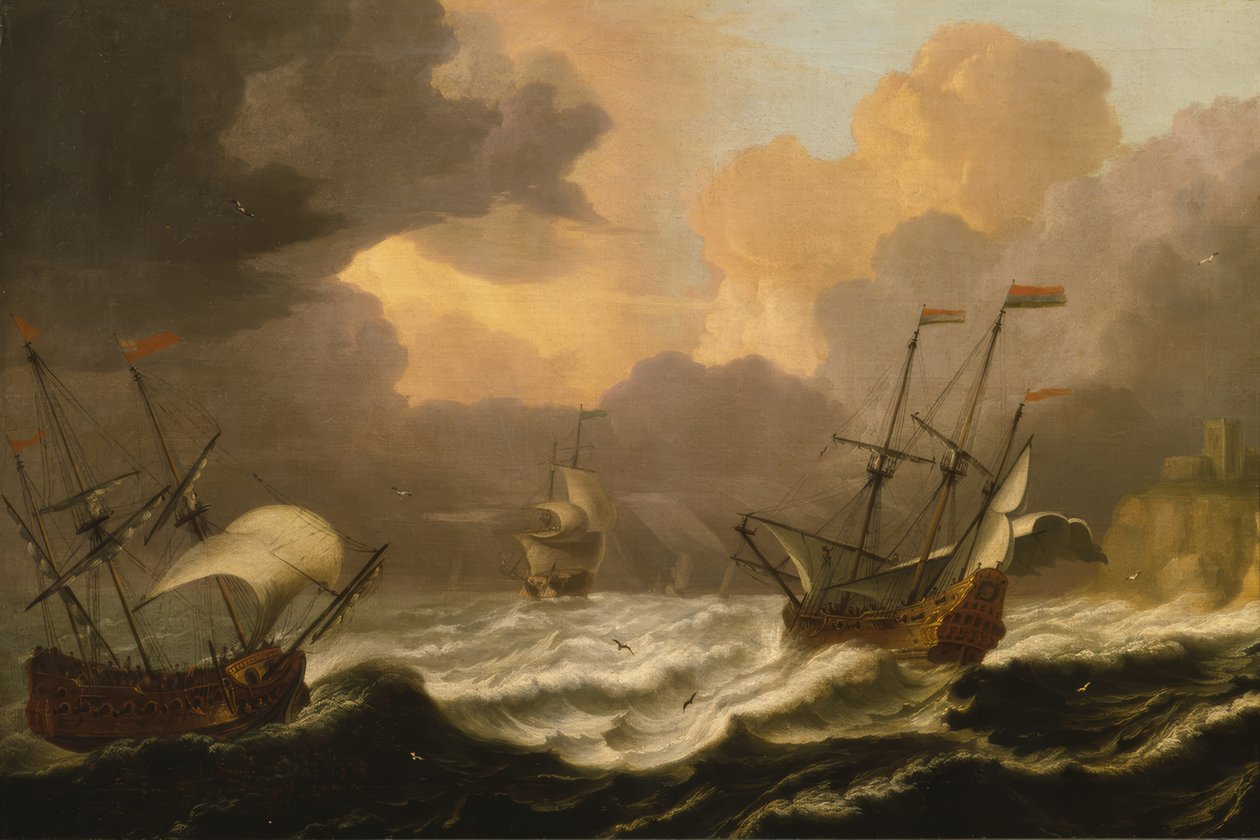 Bewegtes Meer mit drei Schiffen von Pieter Coopse
