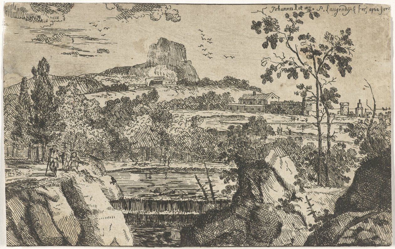 Bergige Landschaft mit Wasserfall von Pieter Langendijk (I)
