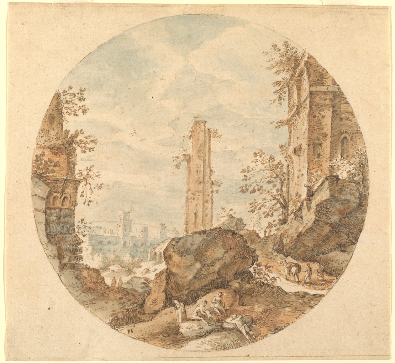 Reisende unter römischen Ruinen von Pieter Stevens