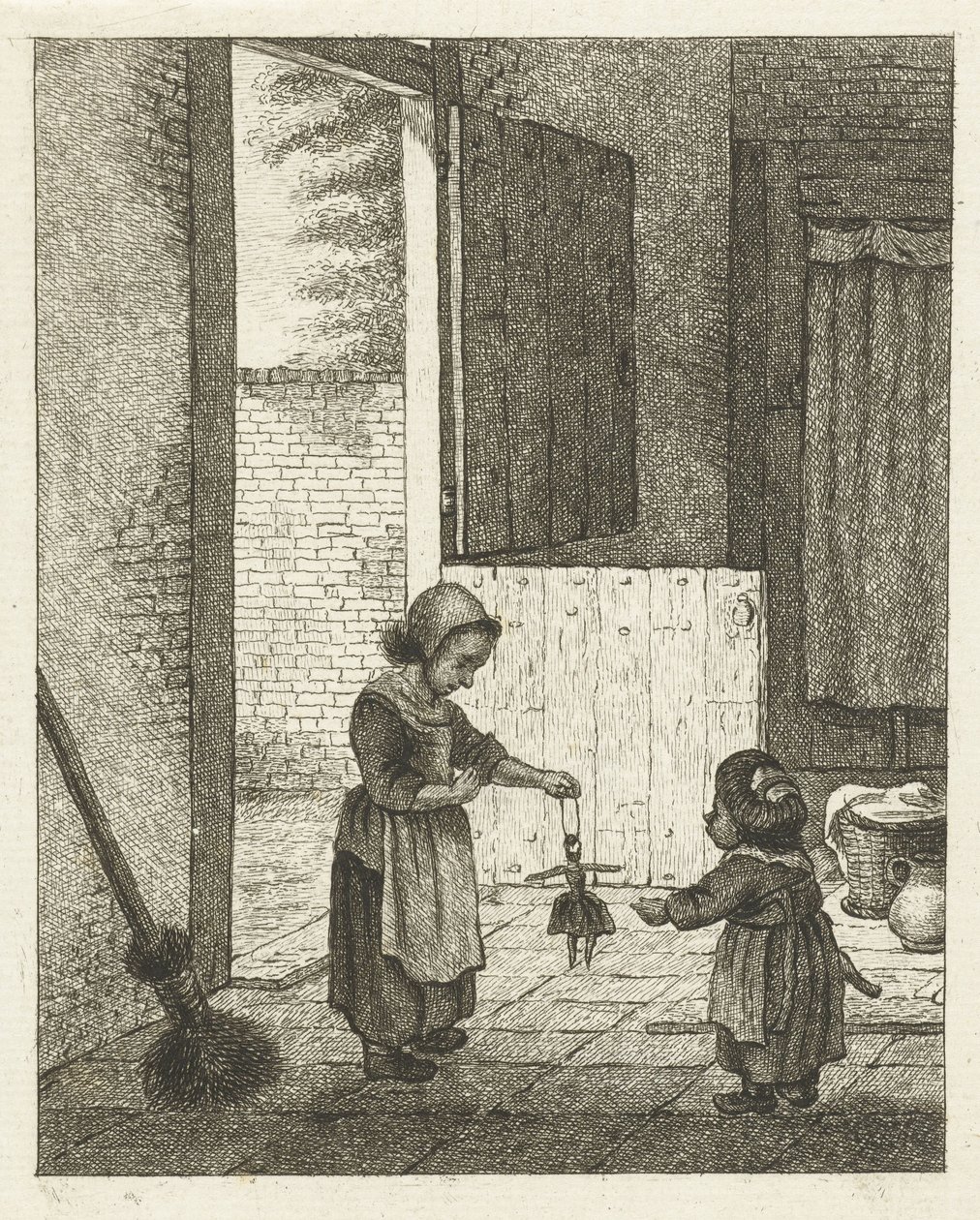 Zwei Mädchen spielen mit einer Puppe von Pieter de Mare