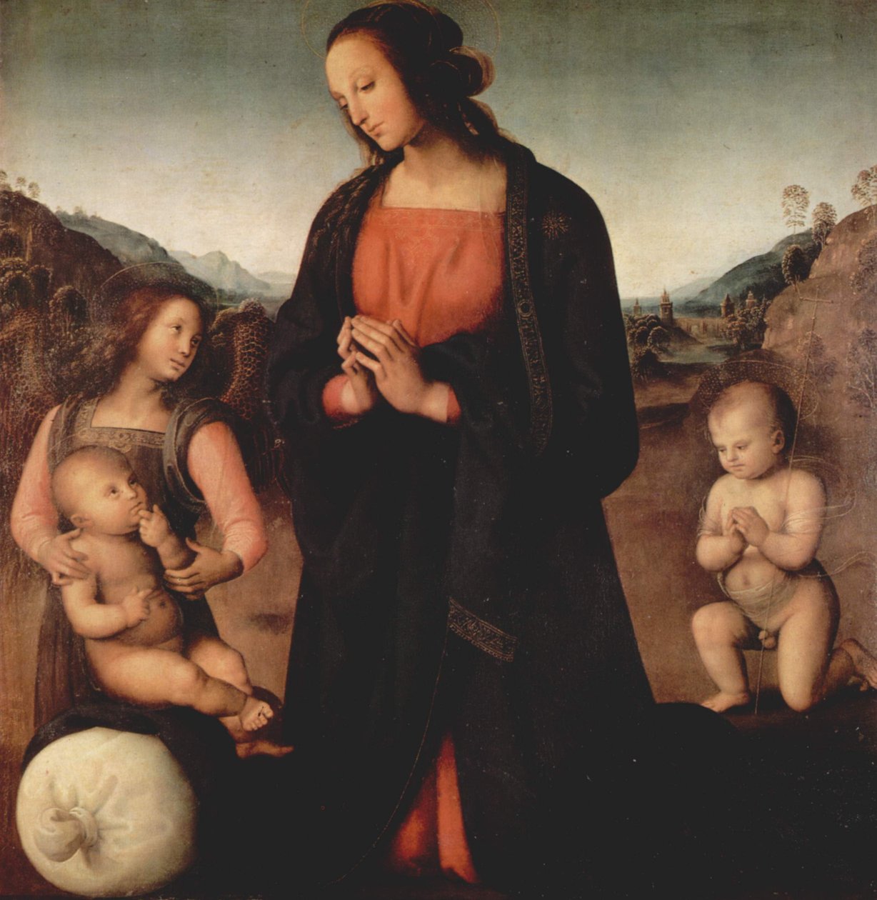 Maria, das Christuskind anbetend, mit Johannes dem Täufer und einem Engel (Madonna des Sacco) von Pietro Perugino
