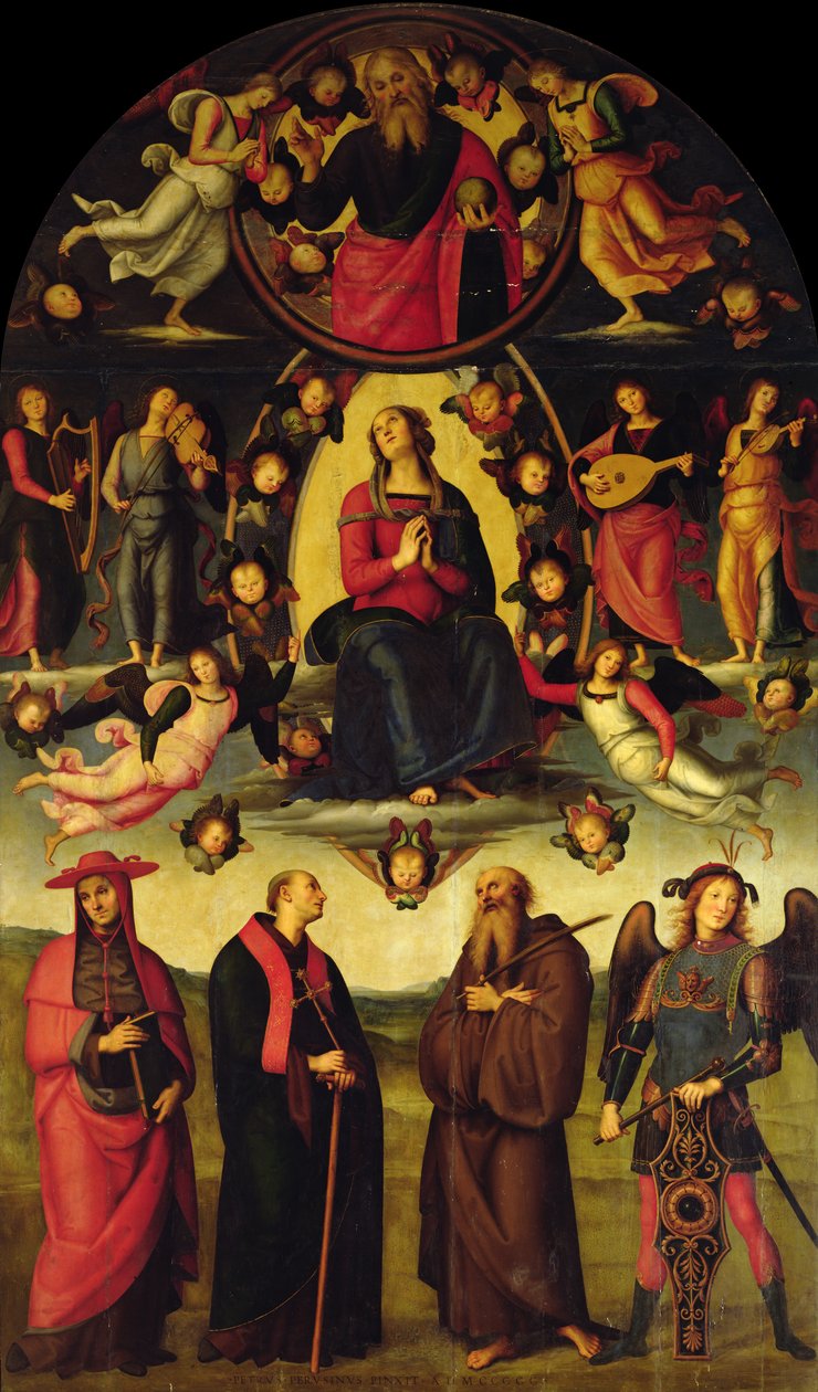 Die Jungfrau auf dem Thron, mit Engeln und Heiligen (Vallombrosa-Altarbild) von Pietro Perugino