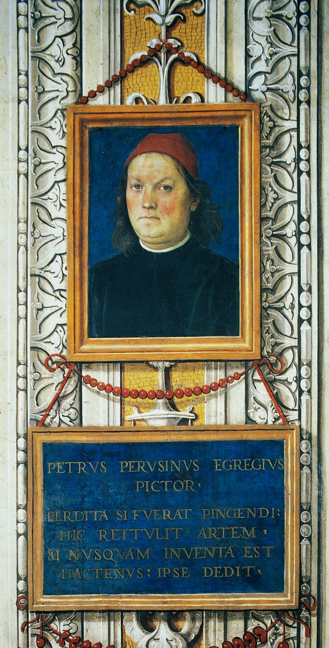 Selbstporträt und Titelblock von Pietro Perugino