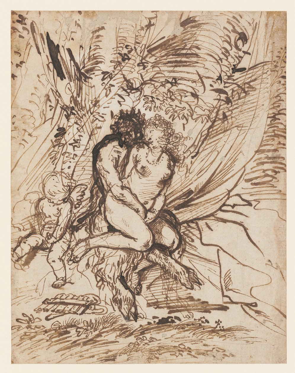 Pan umarmt Venus, beobachtet von Amor von Pietro Testa