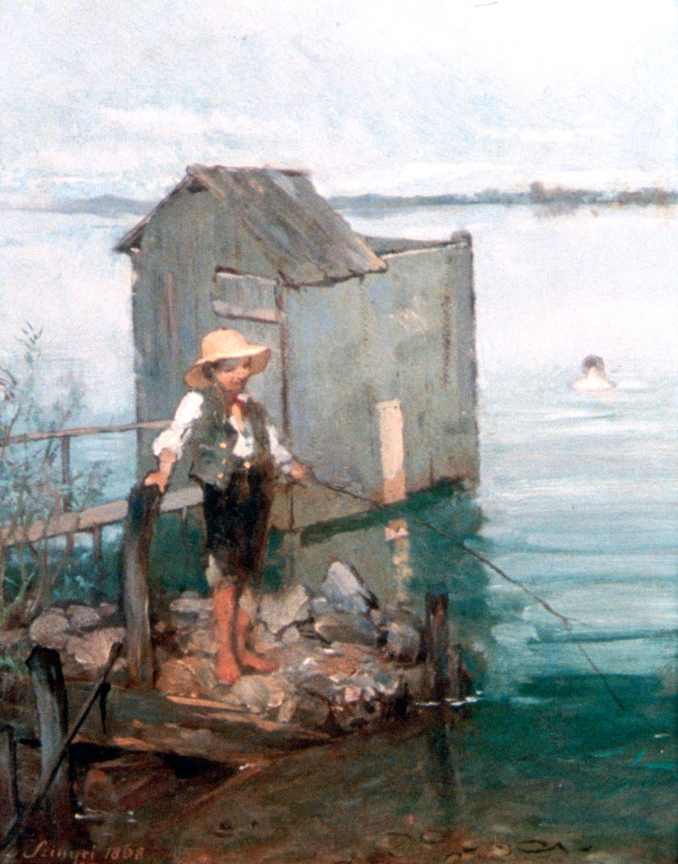 Badehütte mit Junge, 1868 von Pál Szinyei Merse