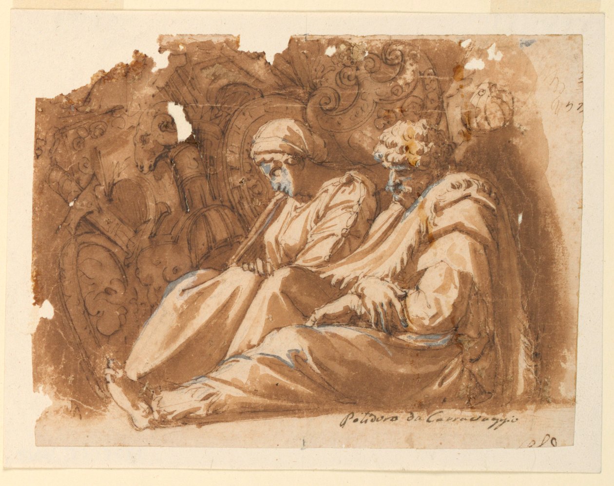 Sitzende Figuren mit Trophäe von Polidoro da Caravaggio
