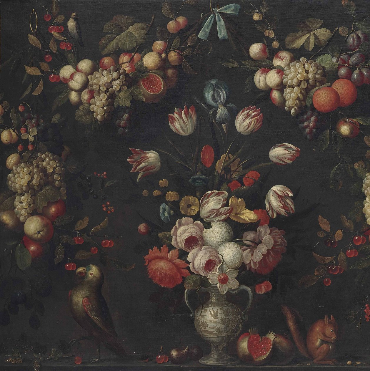 Rosen, Hortensien, Papageientulpen und andere Blumen in einer Porzellanvase von Pseudo Simons