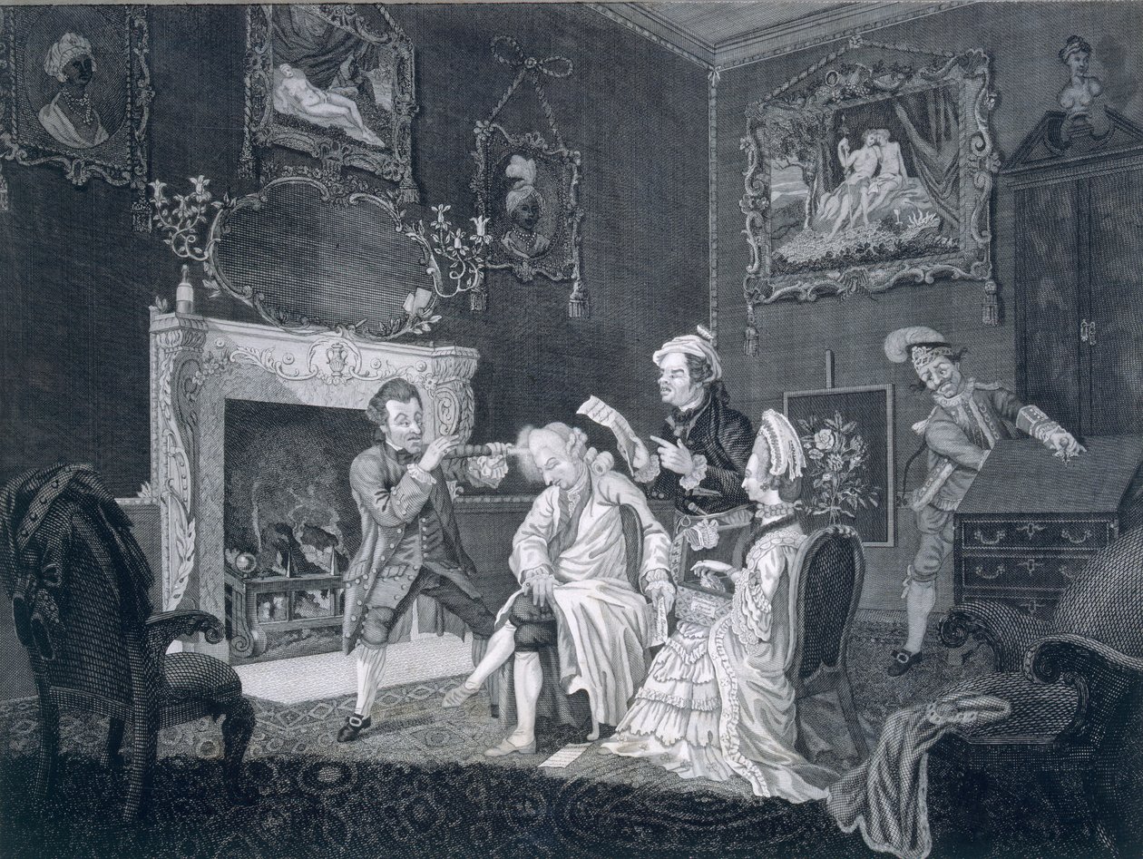 Diener lenken einen eitlen alten Mann ab, während ein anderer aus dem Schreibtisch stiehlt, graviert von Goldar, 1771 von Pugh