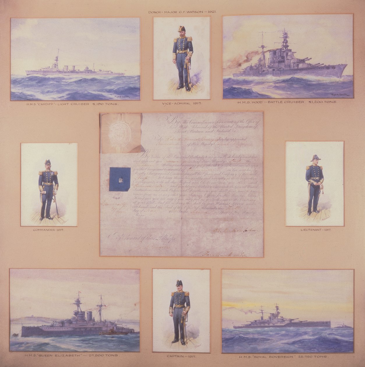 H.M.S. Cardiff, H.M.S. Hood, H.M.S. Queen Elizabeth, H.M.S. Royal Sovereign und Offiziere in Marineuniformen von R. and Smith Simkin