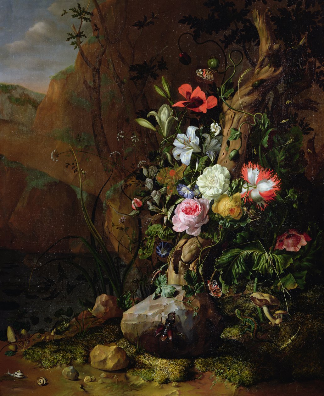 Baumstamm umgeben von Blumen, Schmetterlingen und Tieren, 1685 von Rachel Ruysch