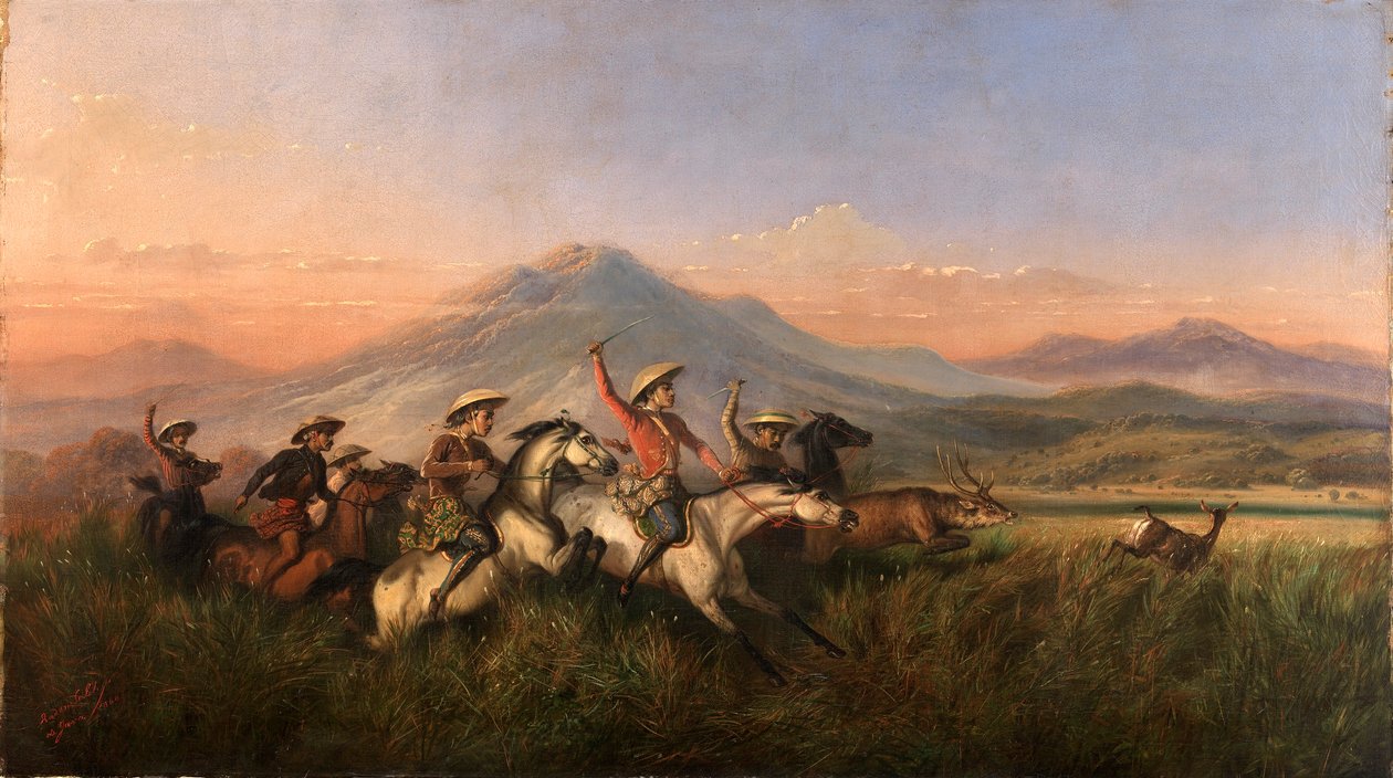 Sechs Reiter jagen Hirsche von Raden Saleh