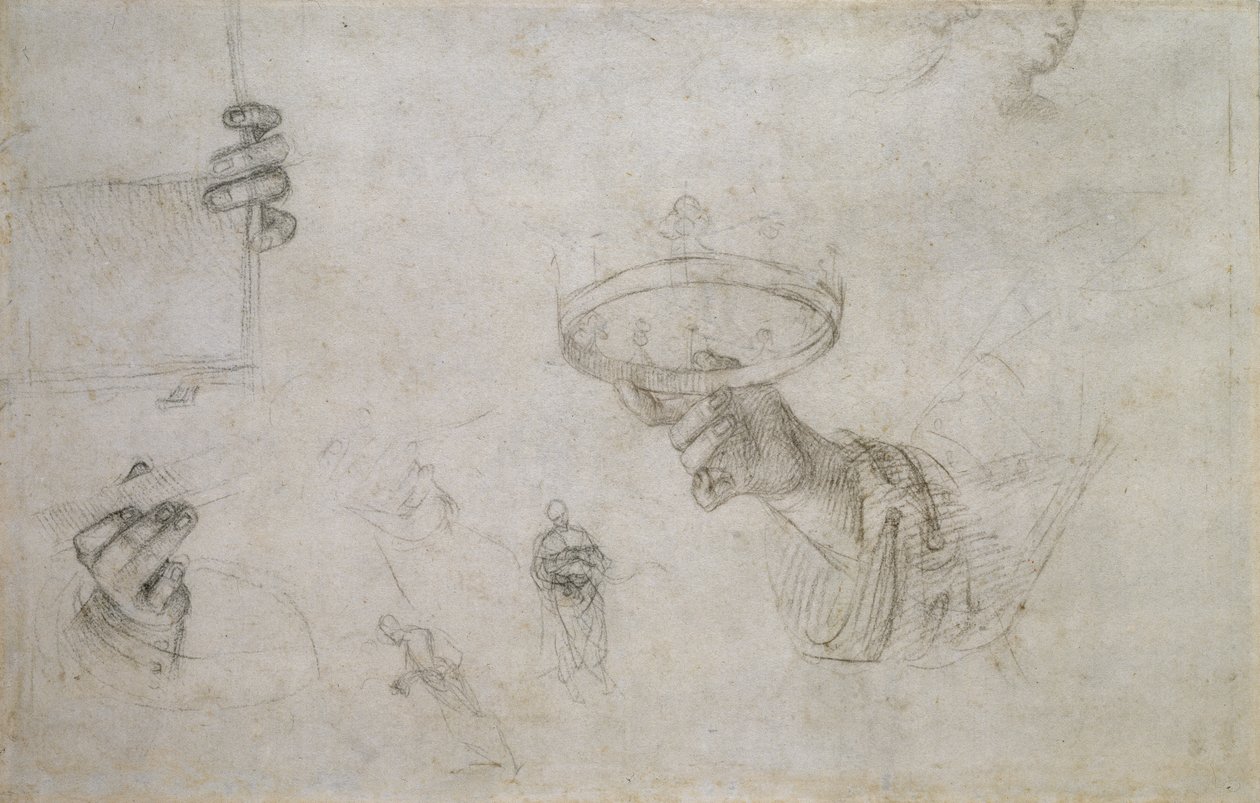 Recto: Hand, die eine Krone hält, und andere Studien für die Krönung von St. Nikolaus von Tolentino, WA1846.148 von Raffaello Sanzio Raphael