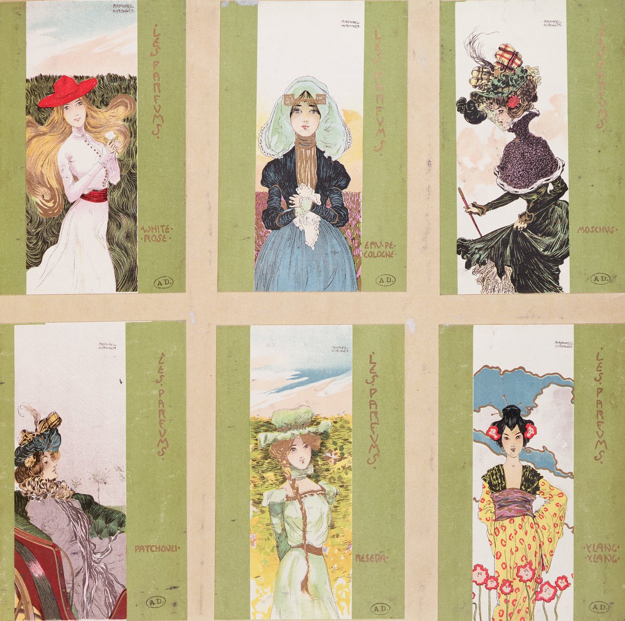 Auswahl von Postkarten mit allegorischen Darstellungen von Parfums von Raphael Kirchner