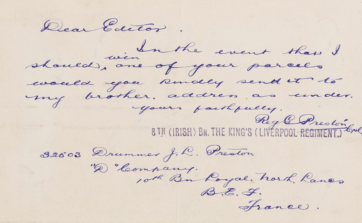 Brief an den Redakteur, 1914-18 von Reg G. Preston