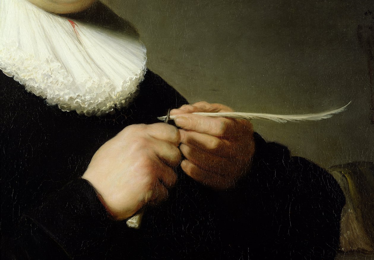 Mann, der eine Feder spitzt (Detail) von Rembrandt van Rijn