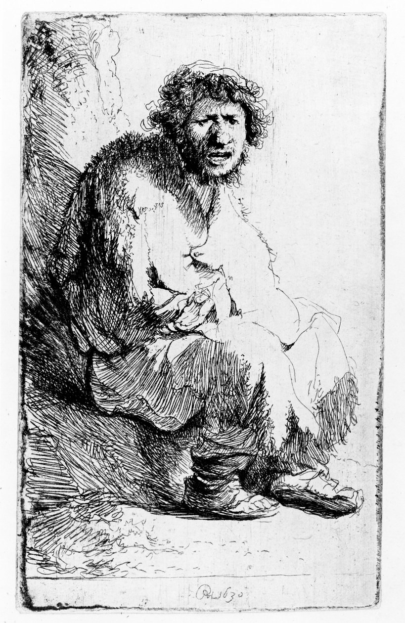 Bettler, der auf einer Bank sitzt von Rembrandt van Rijn