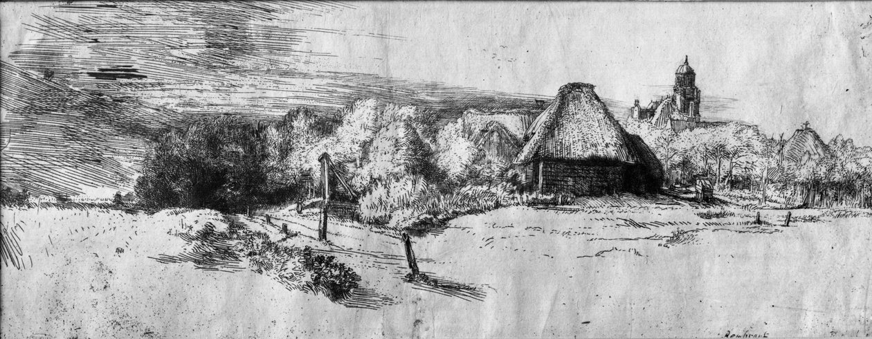 Große Landschaft mit einem Turm, ca. 1650 von Rembrandt van Rijn