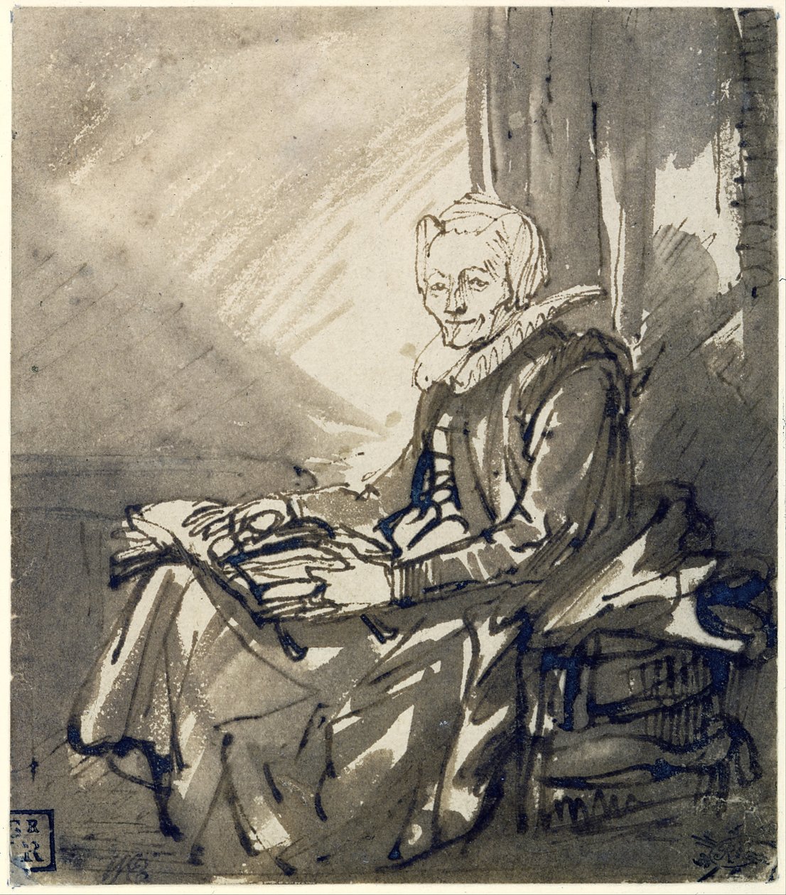 Sitzende Frau mit einem offenen Buch auf ihrem Schoß von Rembrandt van Rijn