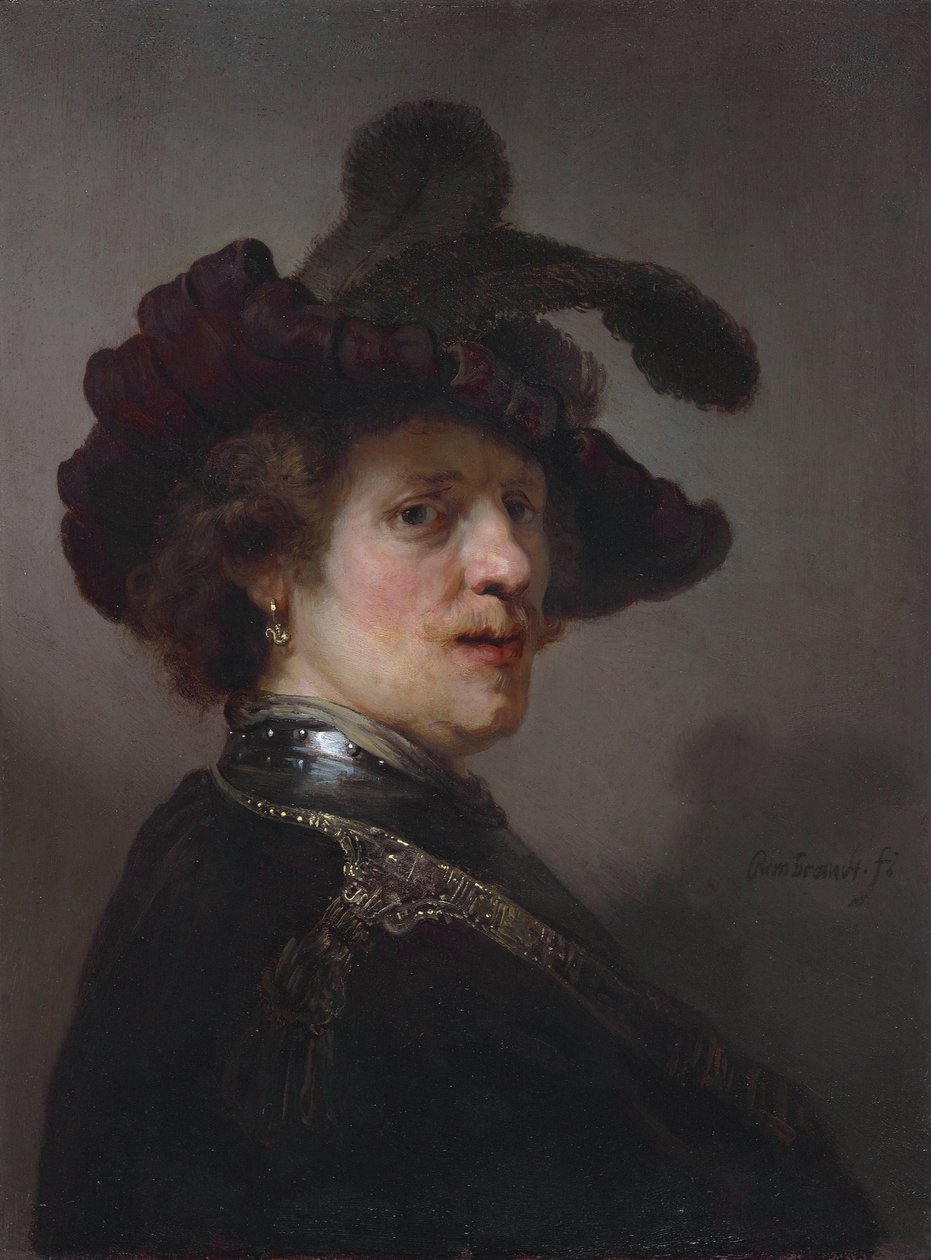 Tronie eines Mannes mit gefiedertem Barett von Rembrandt van Rijn
