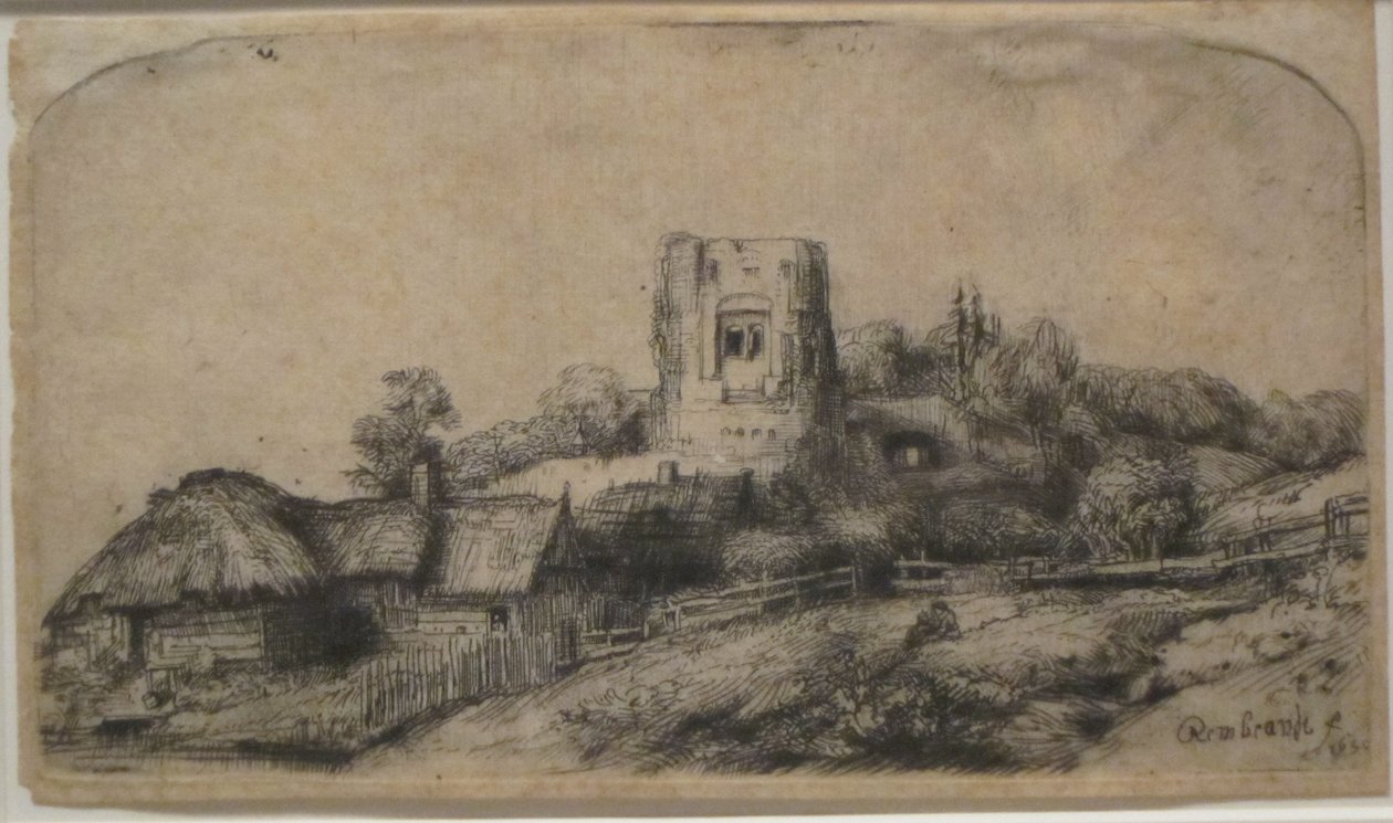 Landschaft mit einem quadratischen Turm von Rembrandt