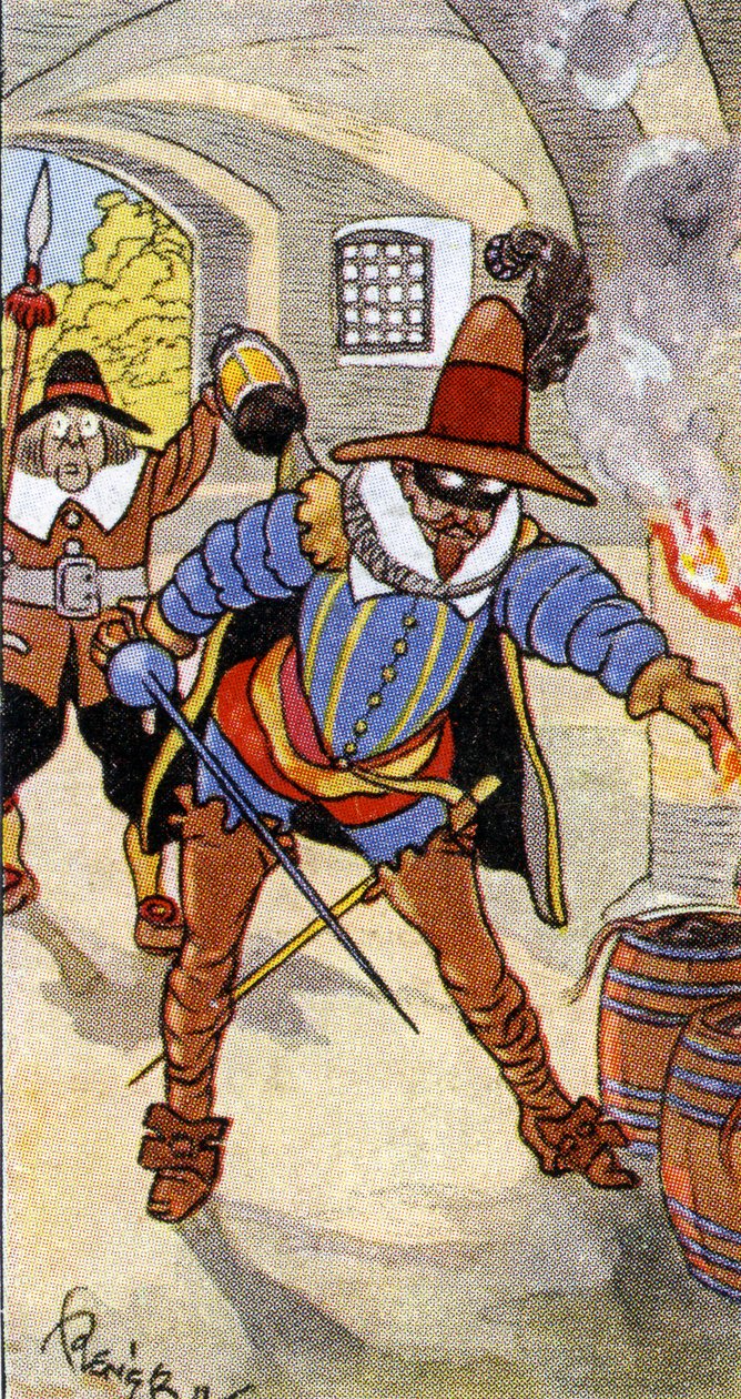 Entdeckung des Schießpulverkomplotts und Festnahme von Guy Fawkes, 1936 von René Bull