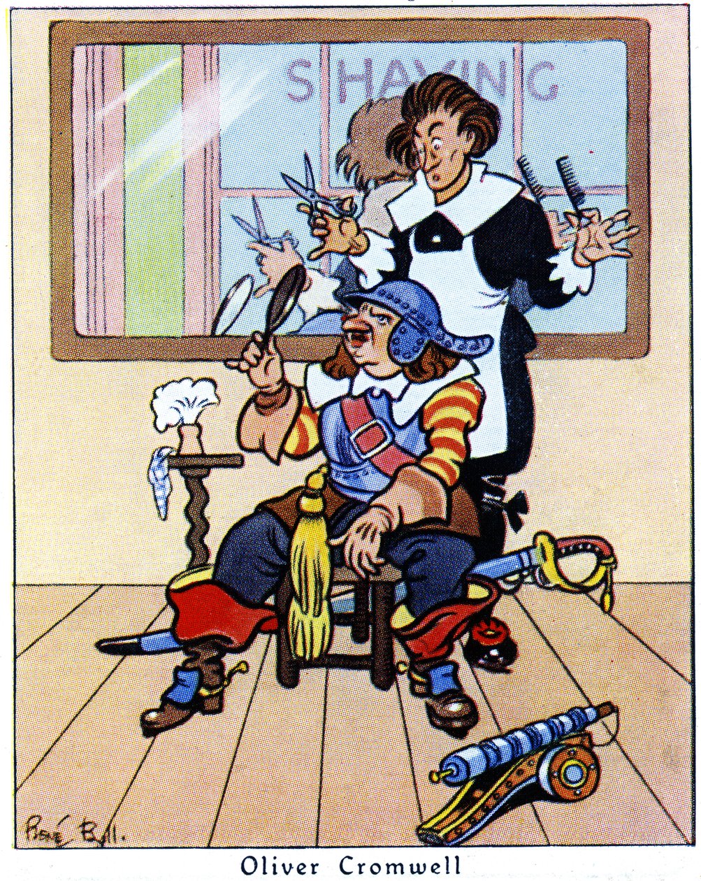 Oliver Cromwell bekommt einen Haarschnitt, 1936 von René Bull