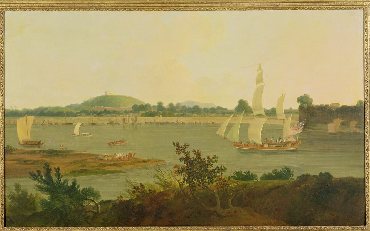 Pinnace segelt den Ganges hinunter vorbei an der Festung Monghyr, ca. 1791 von Rev. Edward Thomas Daniell