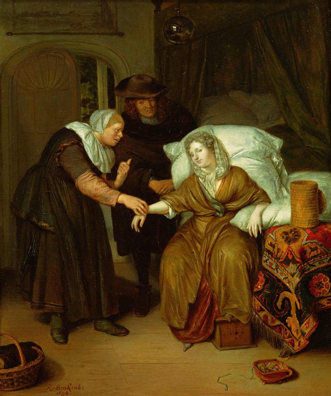 Eine Magd nimmt den Puls einer Dame von Richard Brackenburgh