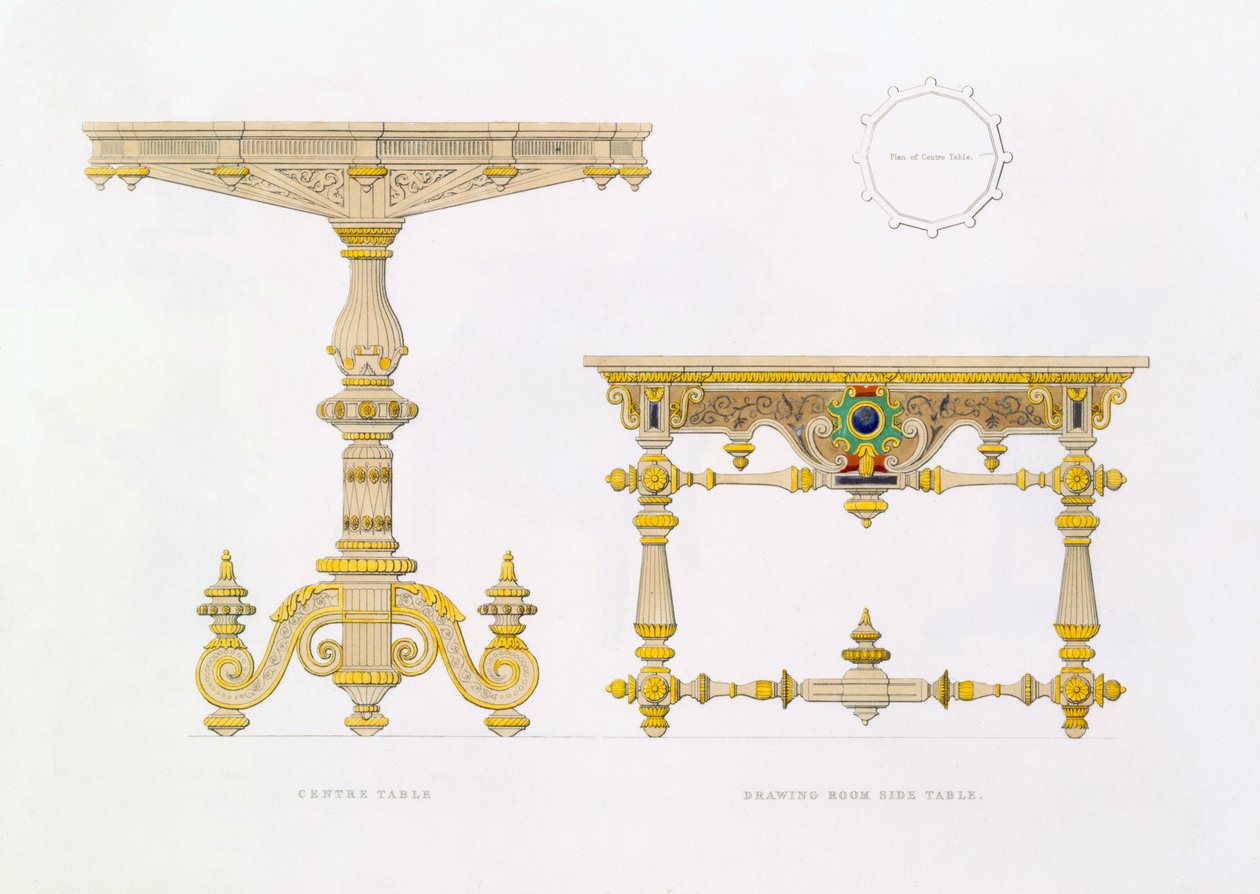 Mitteltisch und Zeichenzimmertisch, 1833 von Richard Bridgens