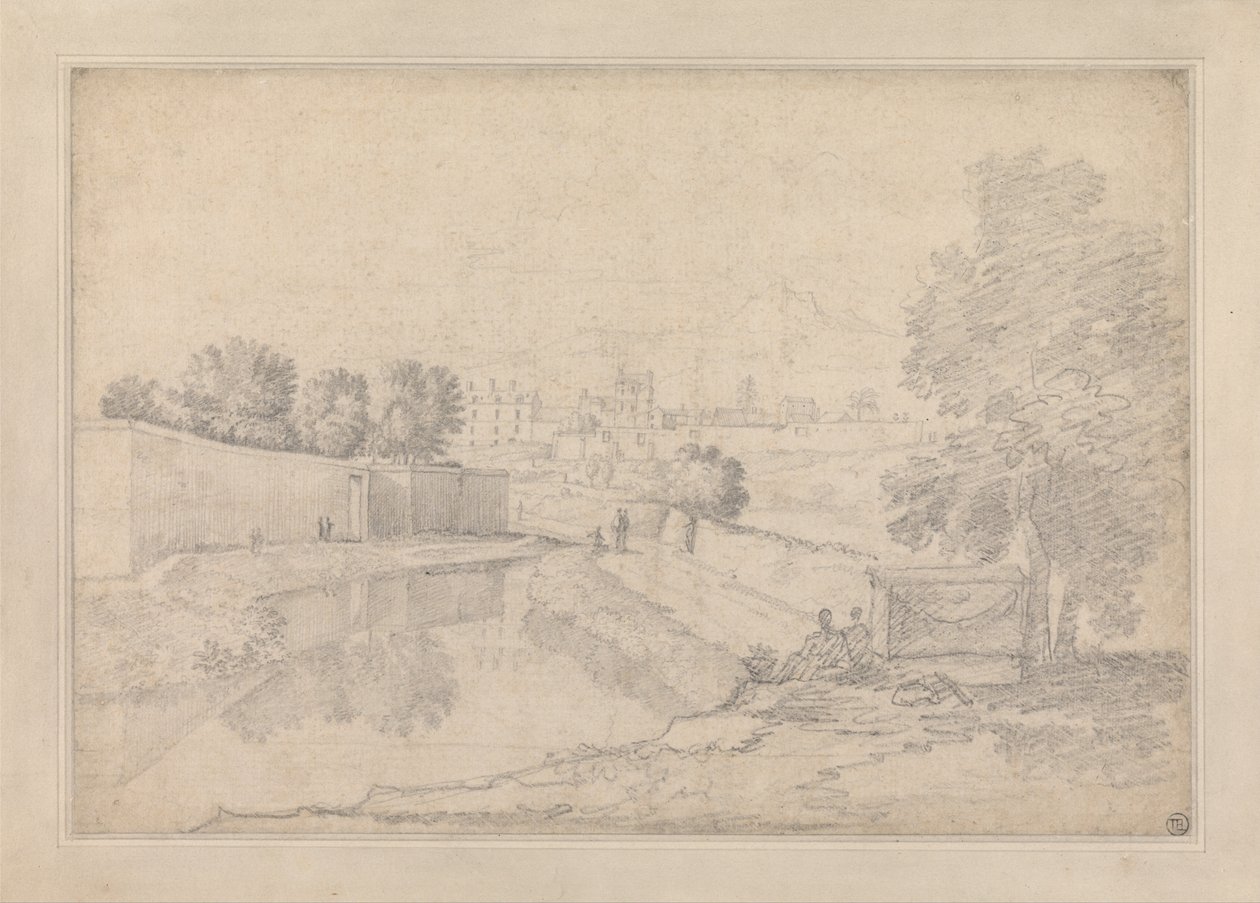 Italienische Landschaft mit Fluss zwischen hoher Mauer links und hohem Ufer rechts zu einem kleinen... von Richard Wilson