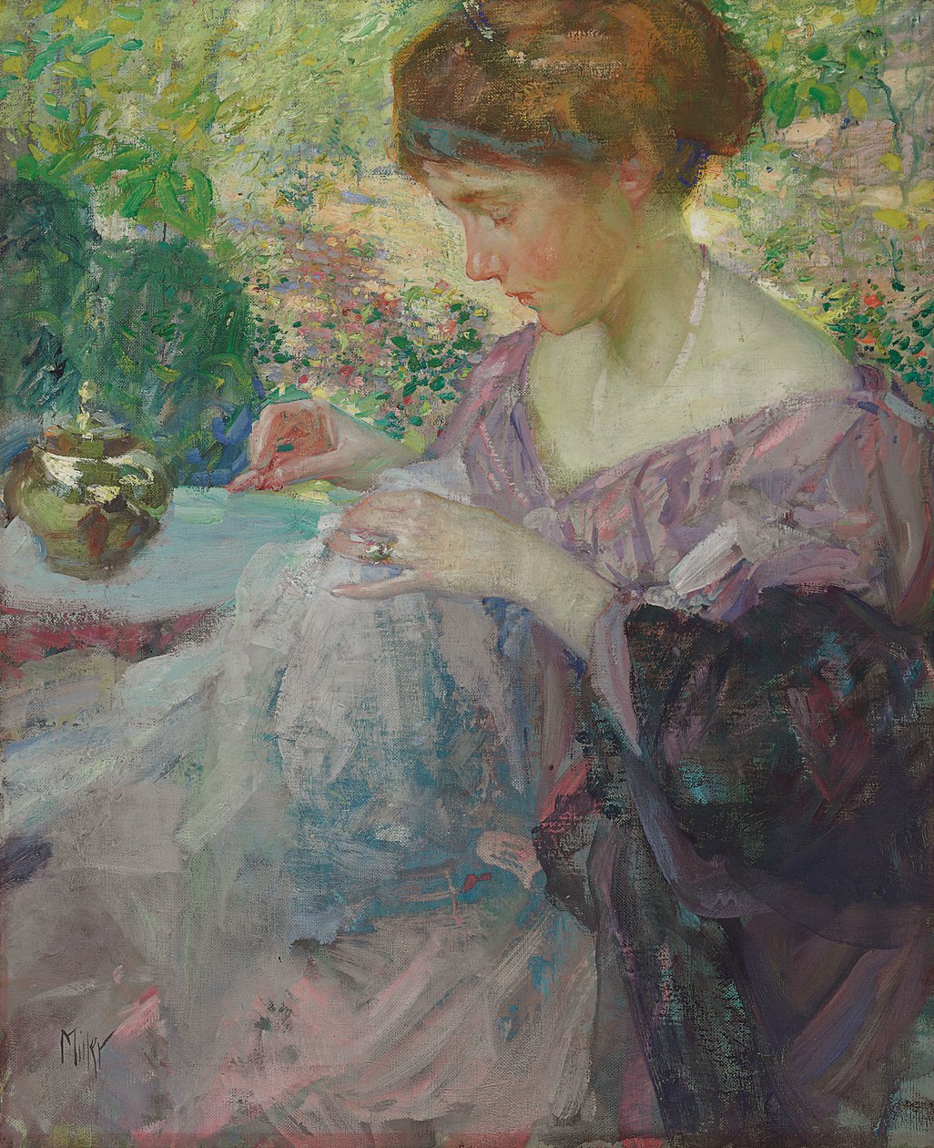 Junge Frau beim Nähen von Richard Emil Miller