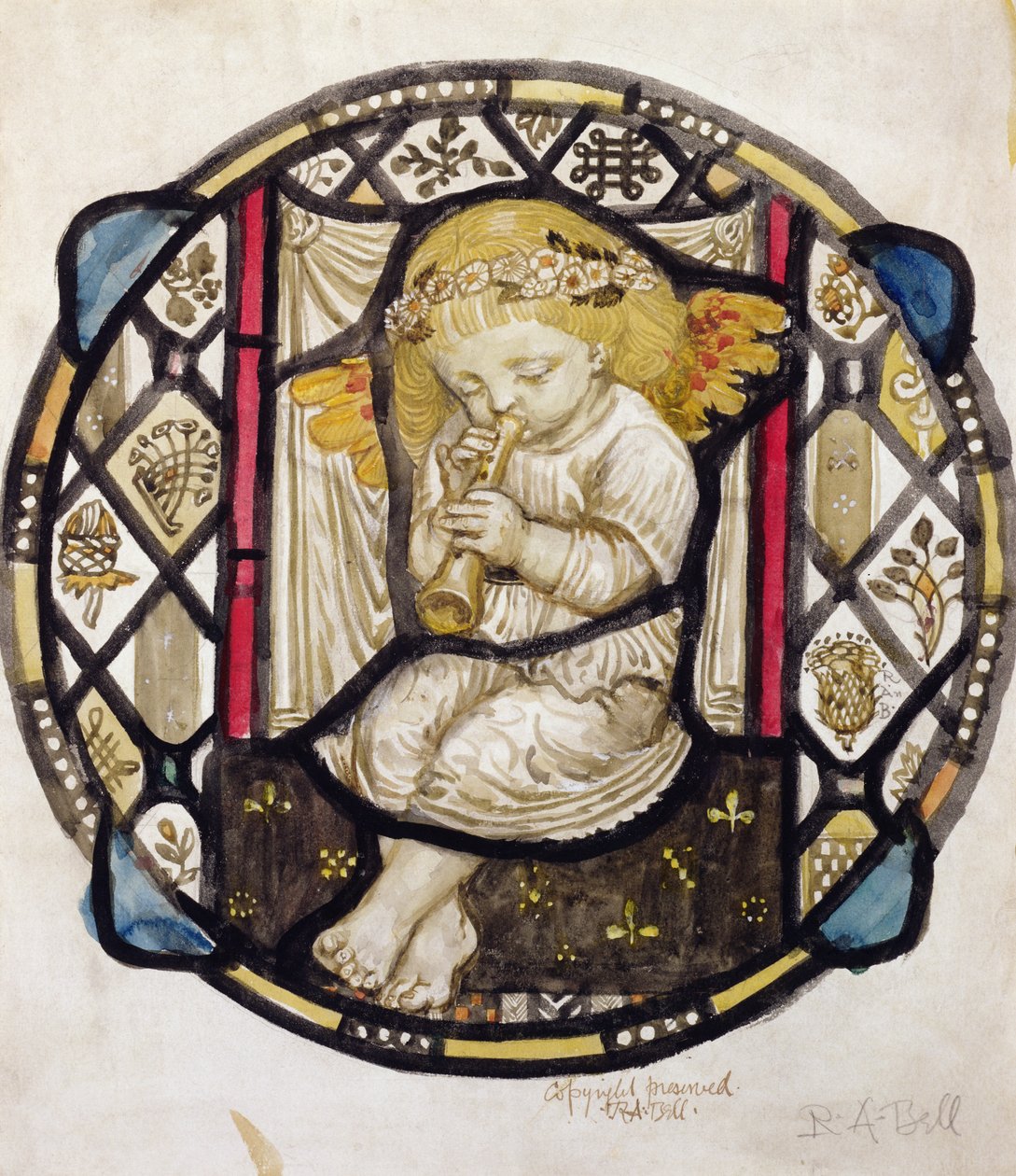 Entwurf für Buntglasfenster eines Putto, der Flöte spielt von Robert Anning Bell