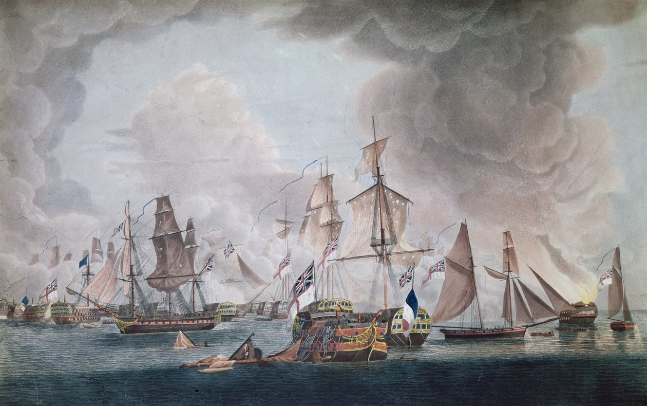 Die Niederlage der vereinten Kräfte von Frankreich und Spanien in der Schlacht von Trafalgar 1805 (Farbstich) von Robert Dodd