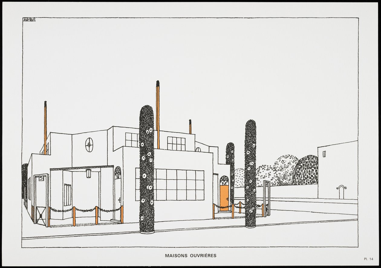 Arbeiterhäuser, aus Une Cite Moderne, Dessins de Rob Mallet-Stevens Architecte, 1987 (veröffentlicht) von Robert Mallet Stevens