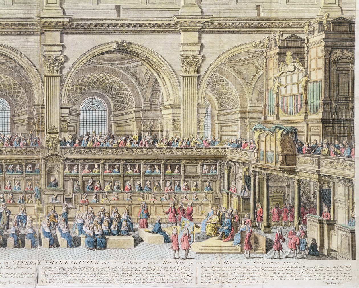 Aussicht auf den Chor der Kathedrale St. Paul, am allgemeinen Dankfest, 31. Dezember 1706. Ihre Majestät und beide Häuser des Parlaments anwesend (Detail) von Robert Trevett