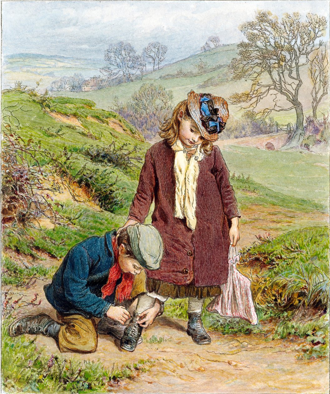Bruder bindet seiner Schwester den Schuh, veröffentlicht 1854 von Robert Barnes
