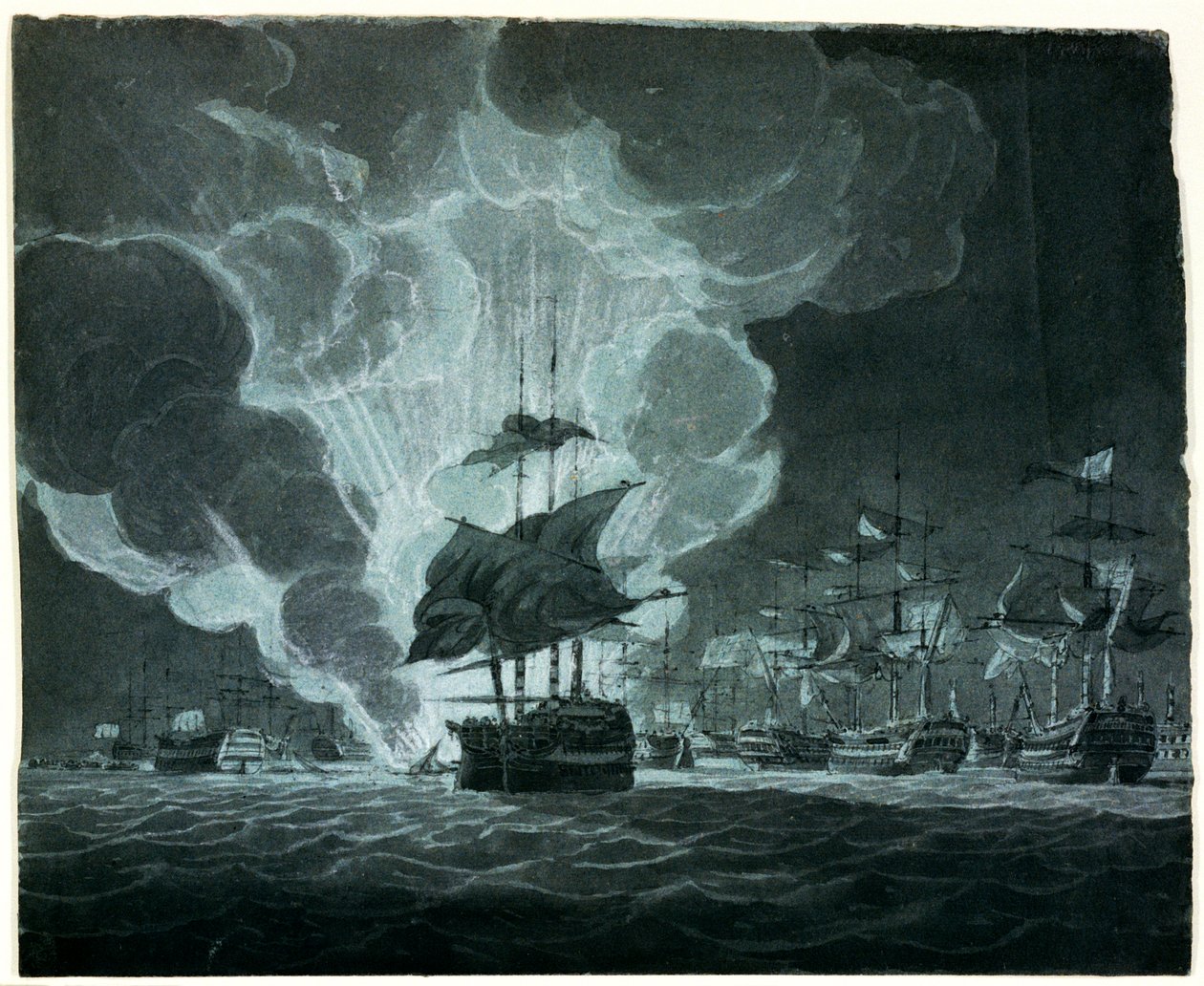 Flotte mit einem brennenden Schiff von Robert Cleveley