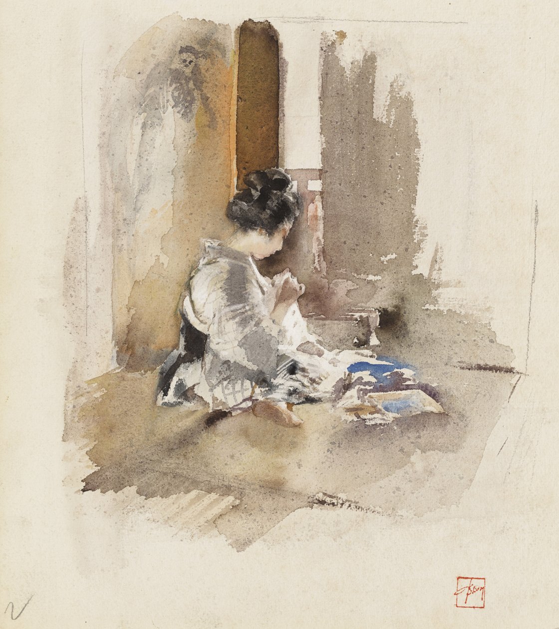 Japanisches Mädchen beim Nähen, 1890 von Robert Frederick Blum