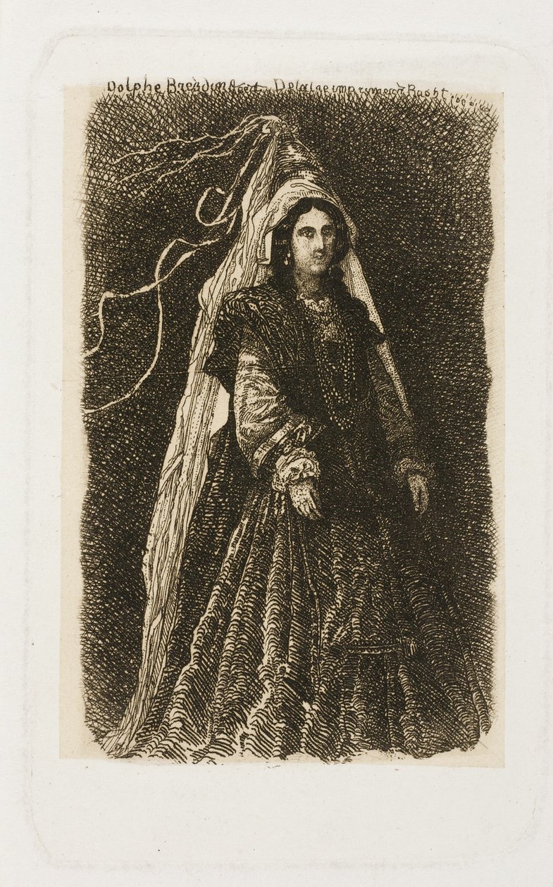 Frau in fantastischem mittelalterlichem Kostüm von Rodolphe Bresdin