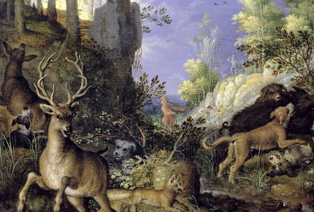 Waldszene mit Jägern und Tieren von Roelandt Jacobsz. Savery