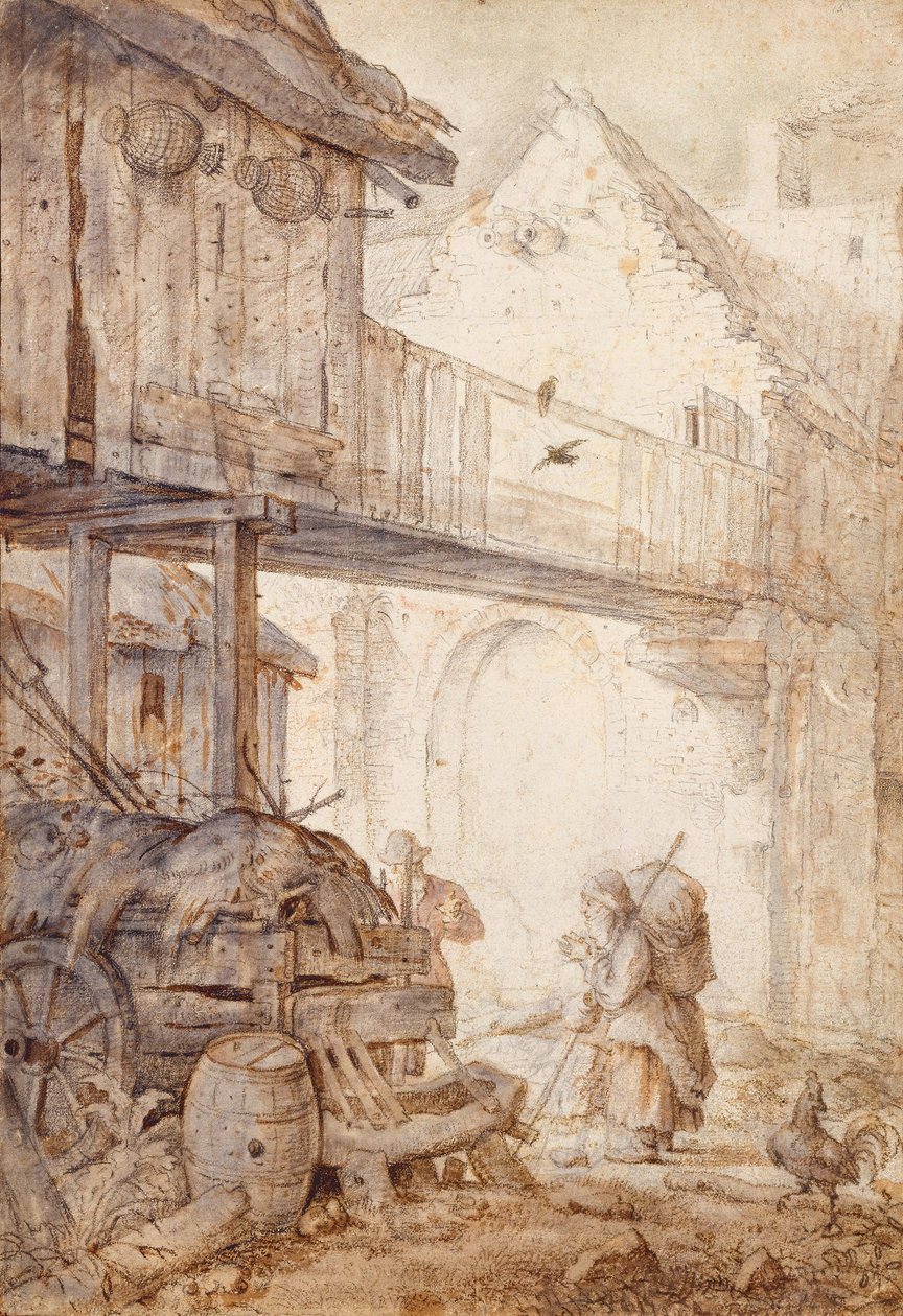 Verfallener Hof mit einer Bettlerin, ca. 1608 von Roelant Saverij