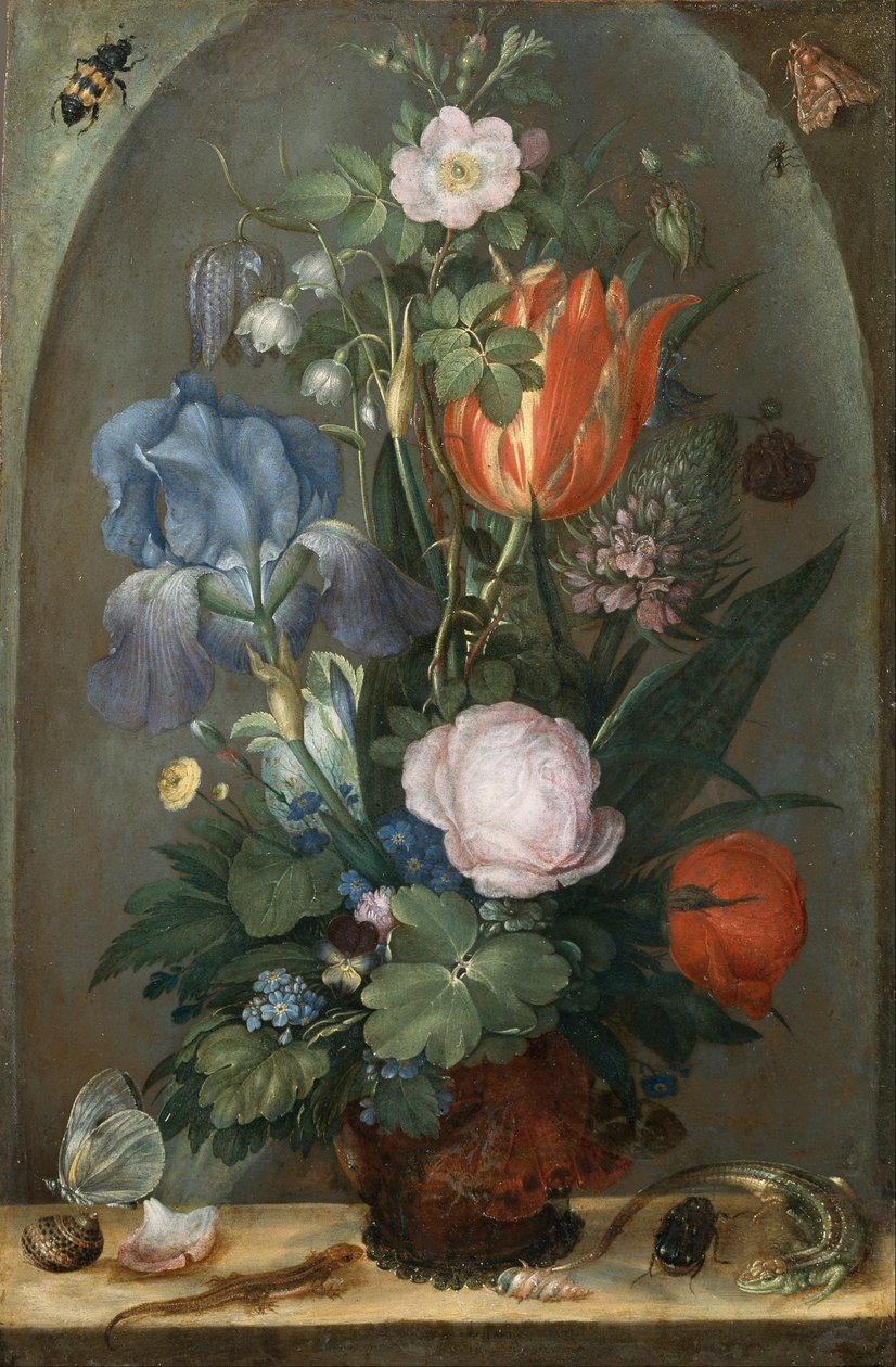 Blumenstillleben mit zwei Eidechsen von Roelant Saverij