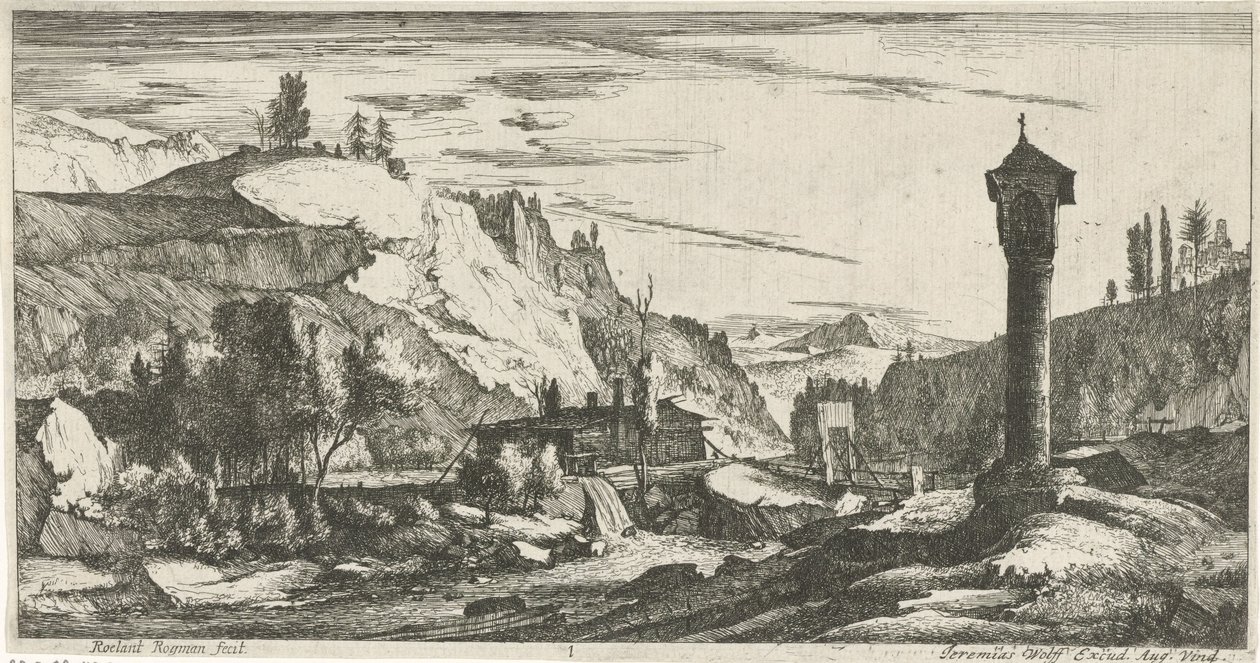 Berglandschaft mit Säule von Roelant Roghman
