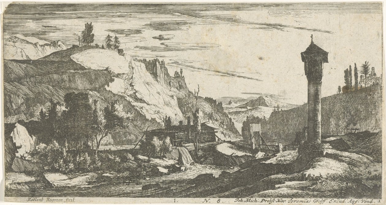 Berglandschaft mit Säule von Roelant Roghman