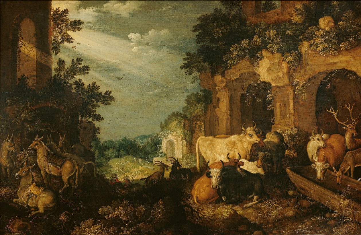 Landschaft mit Ruinen, Vieh und Hirschen von Roelant Savery