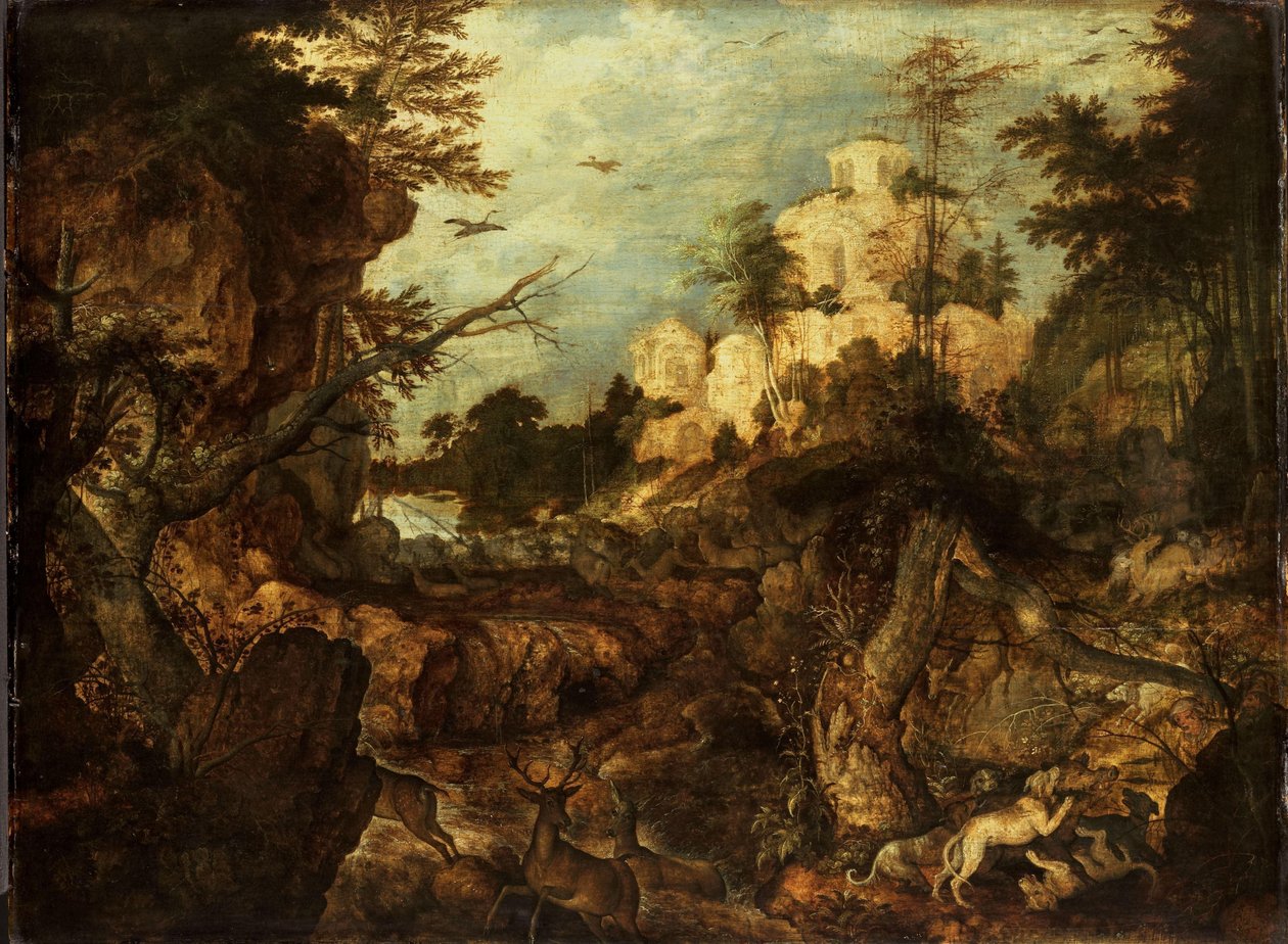 Wildschweinjagd in einer felsigen Landschaft von Roelant Savery